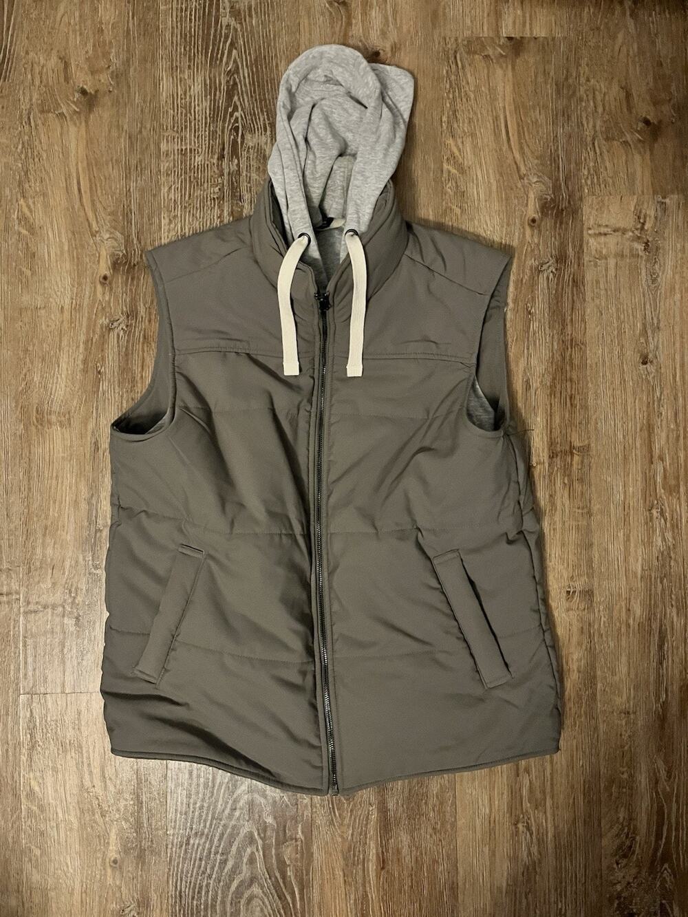 George Men’s Hooded Puffer Vest Gray/Green Full Zip Insulated Size Medium M